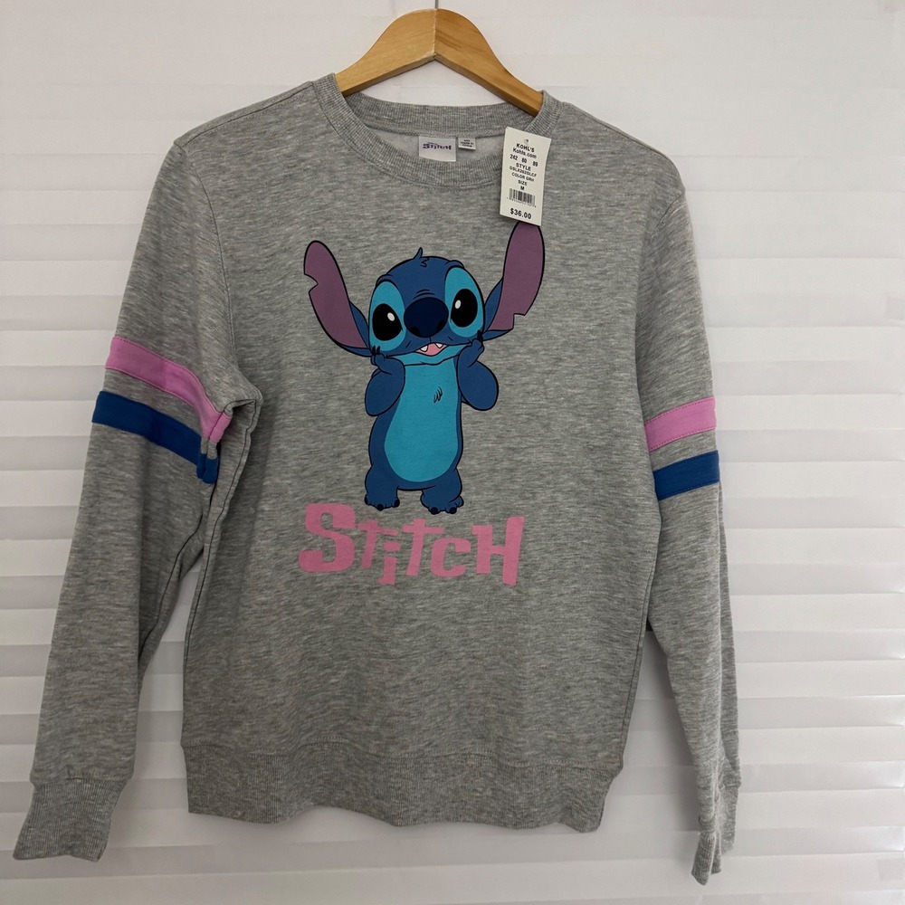 Disney Stitch Womens Heather Gray Graphic Sweatshirt Pink Blue‎ Sleeve Stripes M